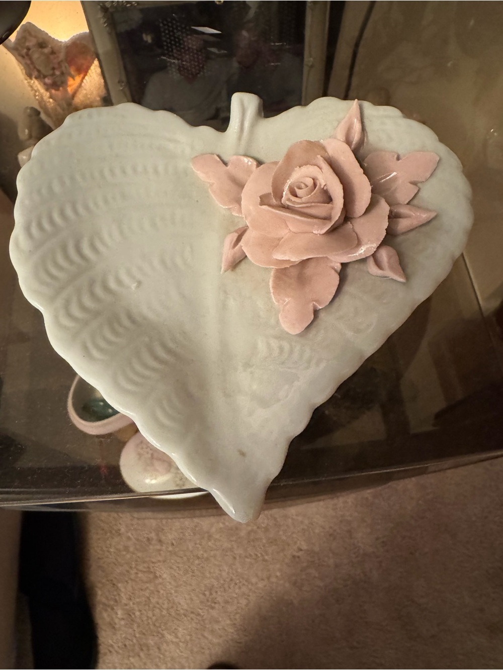 Capodimonte Heart-Shaped Ceramic Porcelain Trinket Dish with Pink Rose Accent